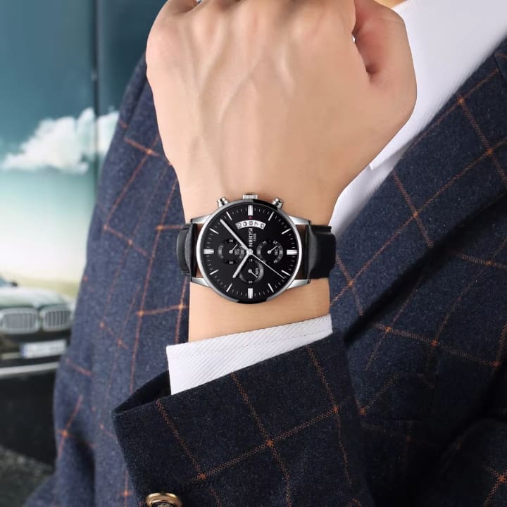 Mr Olevs Classic Leather men's chronograph watch, 43mm case, leather strap — view 6